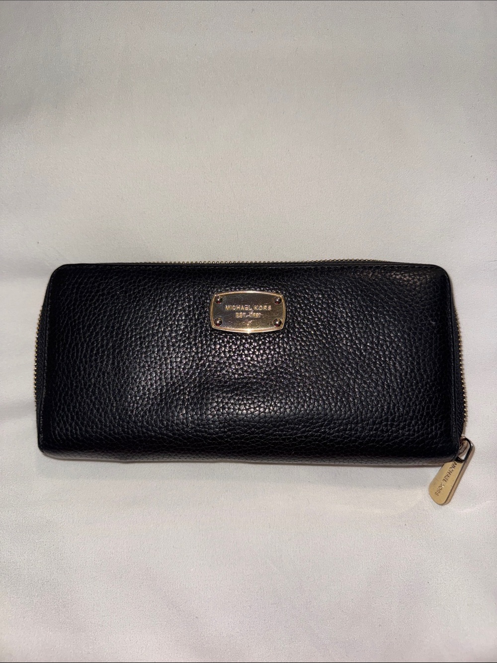 Michael Kors Black Pebbled Leather Zip Wallet with Gold Plaque